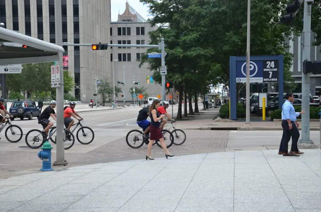 People biking and walking in downtown Houston