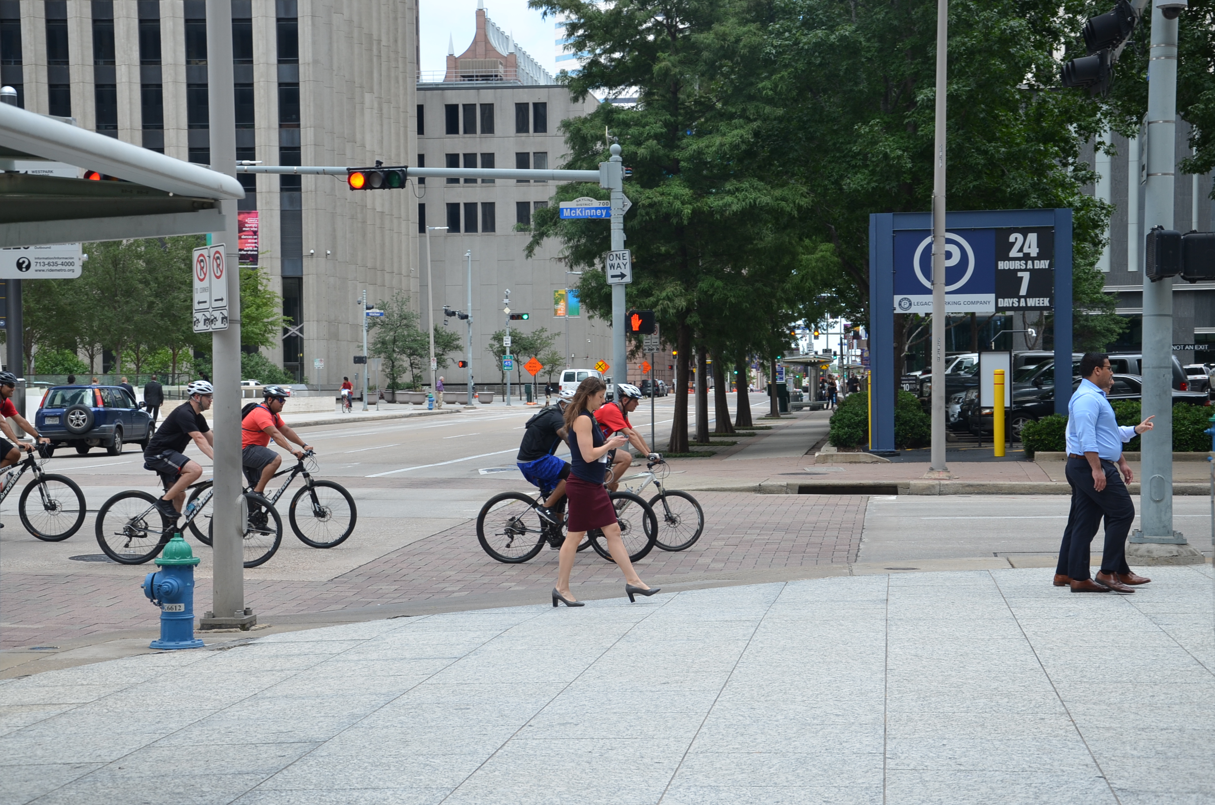 People biking and walking in downtown Houston