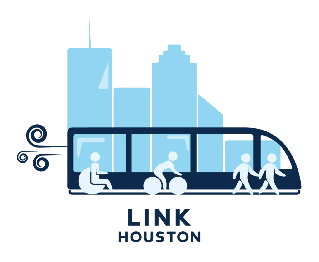 LINK Houston event logo featuring a city background, train, a person in wheelchair, a person on a bike, and two people walking.