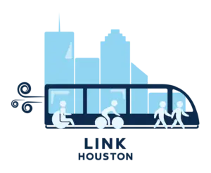 LINK Houston event logo featuring a city background, train, a person in wheelchair, a person on a bike, and two people walking.