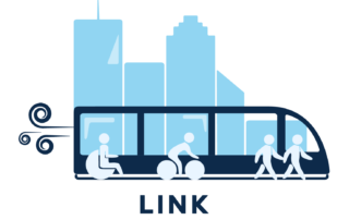 LINK Houston event logo featuring a city background, train, a person in wheelchair, a person on a bike, and two people walking.