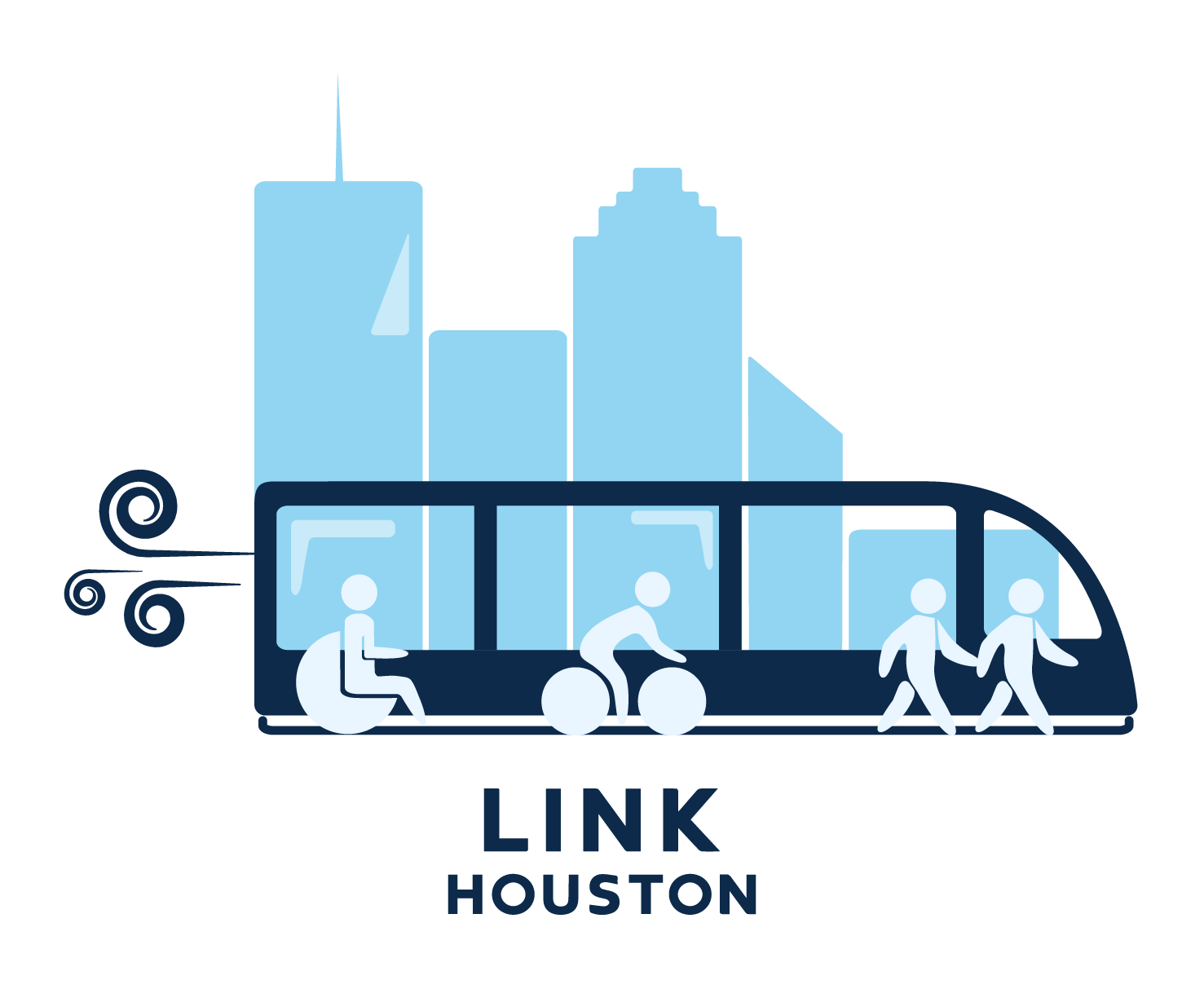 LINK Houston event logo featuring a city background, train, a person in wheelchair, a person on a bike, and two people walking. 