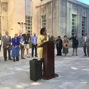 LINK Houston Executive Director Oni Blair shares remarks at press conference in front of City Hall on June 13, 2019.