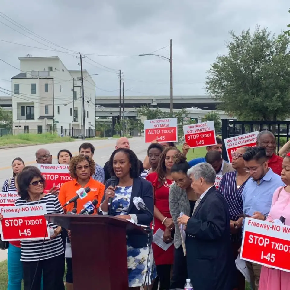 LINK Houston Executive Director Oni Blair gives remarks at the "Delay the Vote" Press Conference on July 23, 2019 in front of Bruce Elementary.