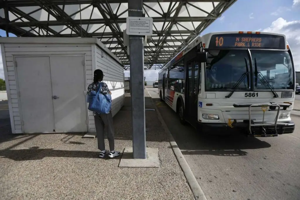 Steve Gonzales, Houston Chronicle / Staff photographer "Passengers wait at the North Shepherd Park and Ride on Aug. 12, 2019. Metropolitan Transit Authority will ask voters for $3.5 billion in borrowing authority on the November ballot, to build what's anticipated to be $7 billion in new transit projects, among them a light rail extension to the North Shepherd Park and Ride."