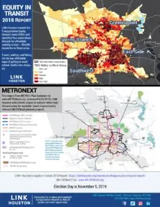 LINK Houston's TEDI map showing the four high need areas for more transit investments overlayed on METRONext plan.