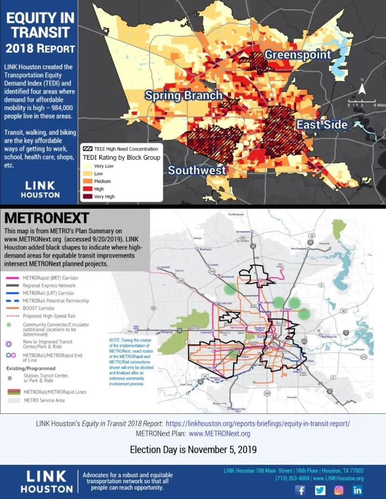 LINK Houston's TEDI map showing the four high need areas for more transit investments overlayed on METRONext plan.