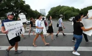 "BikeHouston, Rice University students, faculty, and staff, and members of the community gathered for a demonstration at the intersection of Sunset Boulevard and Main Street Thursday, May 3, 2018, in Houston after Sudipta Roy was fatally struck by a dump truck. Photo: Godofredo A. Vasquez, Staff Photographer / Houston Chronicle"