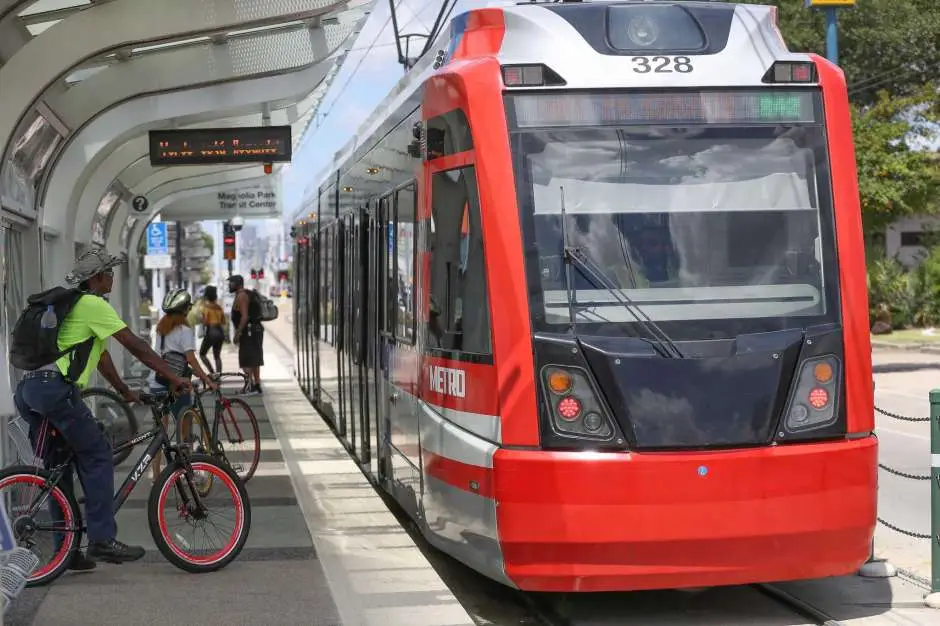 A light rail train sits at the Magnolia Park Transit Center on Aug. 12, 2019, in Houston. Metropolitan Transit Authority will ask voters for $3.5 billion in borrowing authority on the Nov. 5 ballot, to build what's anticipated to be $7.5 billion in new transit projects, including extending light rail service to Hobby Airport. Photo: Steve Gonzales, Houston Chronicle / Staff photographer