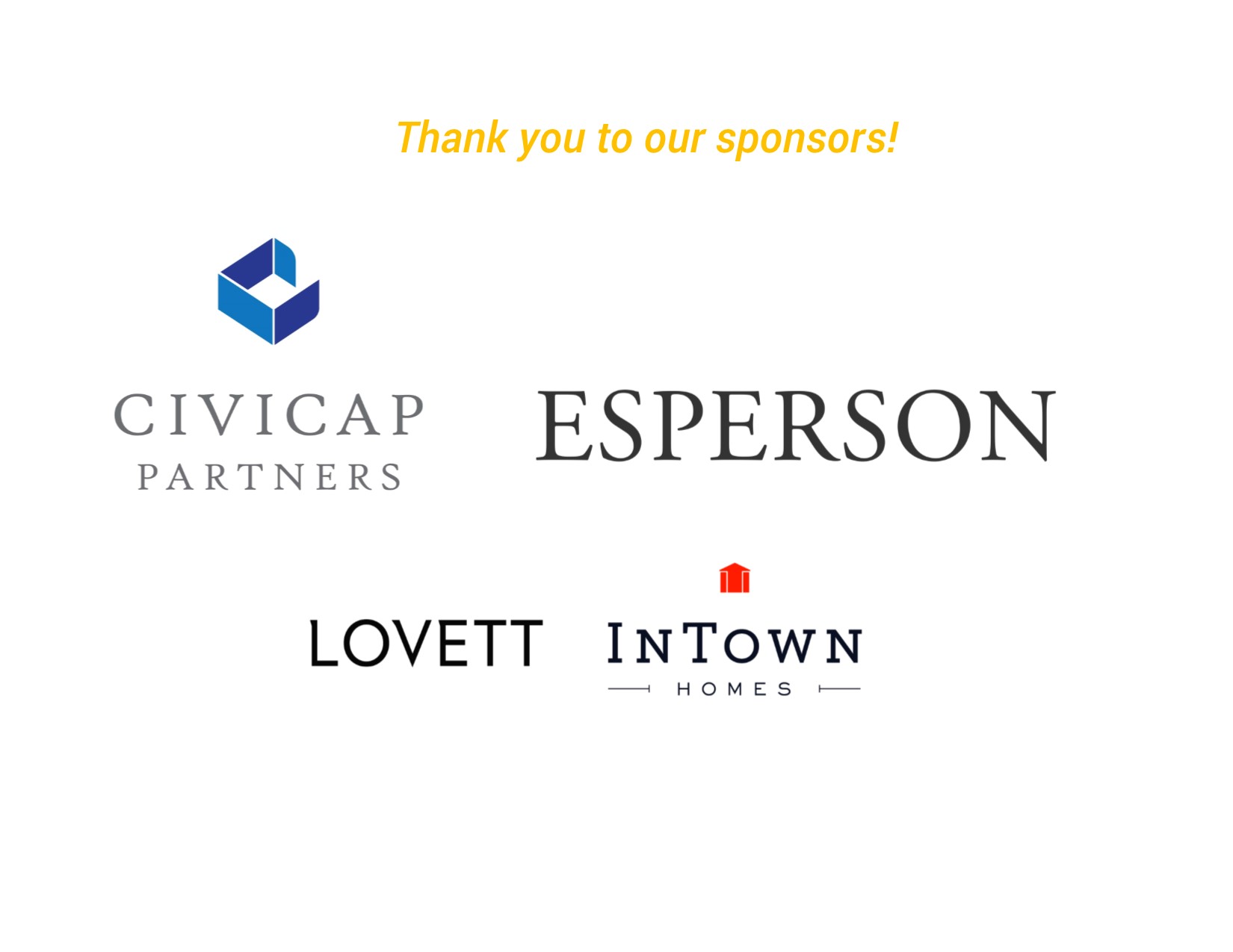 Sponsors logos: Civicap Partners, Esperson, Lovett, InTown Homes