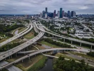 A sky view of I-45 and downtown Houston.