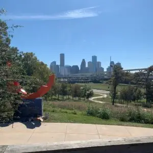 A view of downtown Houston and White Oak Bayou greenway.