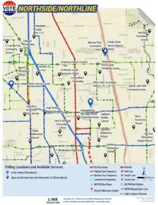 Northside Northline Neighborhood Map Depicting Transit, Bikeways, and Polling locations.