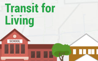 Equity in Transit: 2021 Transit for Living Cover page depicting a school, tree, home, and a bus with people walking and rolling on the street.