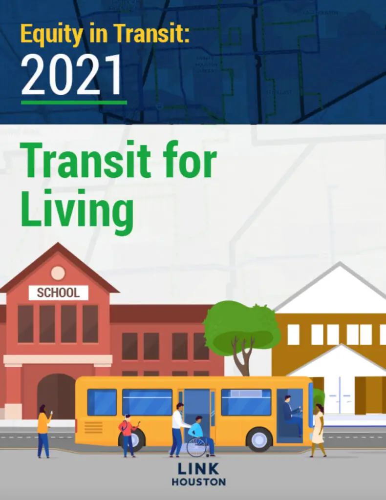 Equity in Transit: 2021 Transit for Living Cover page depicting a school, tree, home, and a bus with people walking and rolling on the street.