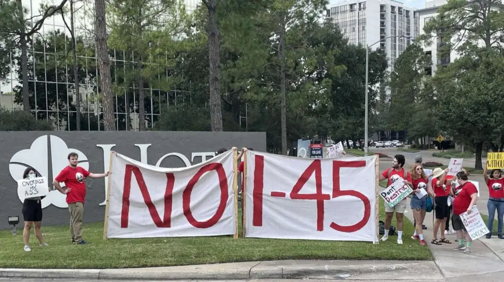 "Members of Stop TxDOT I-45 protest outside the Omni Hotel near Memorial Park on Oct. 21, 2021, in Houston. Dug Begley"