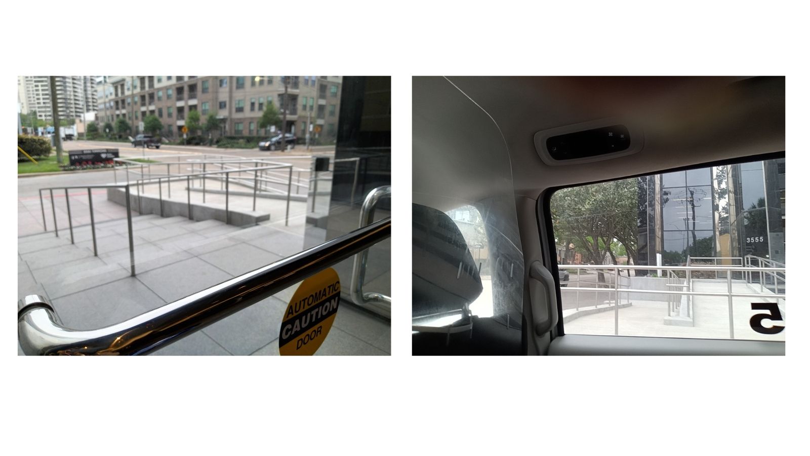Two images depicting the new ramps at the entrance of the Houston-Galveston Area Council taken from inside a Metro Lift vehicle. Advocacy for More Accessibility and Safety
