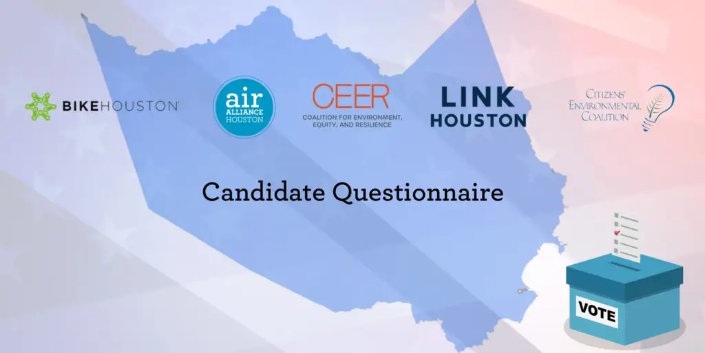 A graphic with Harris County Map, Bike Houston, Air Alliance Houston, LINK Houston, the Citizen Environmental Coalition logos, and a ballot box.