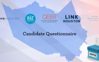 A graphic with Harris County Map, Bike Houston, Air Alliance Houston, LINK Houston, the Citizen Environmental Coalition logos, and a ballot box.