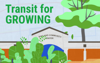 Equity in Transit 2022 Cover: Transit for Growing. A photo of a bus stop covered in greenery in Gulfton.