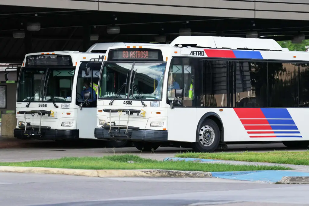 A pair of Metro buses stop at the Eastwood Transit Center Friday, July 8, 2022, in Houston. Public meetings start July 12 on the University Line, of which Eastwood is a major stop on the line. Brett Coomer/Staff photographer