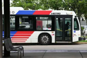 "A Metro bus stops at the Eastwood Transit Center Friday, July 8, 2022, in Houston. Brett Coomer/Staff photographer"