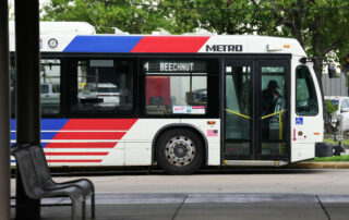 "A Metro bus stops at the Eastwood Transit Center Friday, July 8, 2022, in Houston. Brett Coomer/Staff photographer"