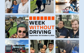 Week Without Driving 2024 with 8 images of LINK Houston staff being multimodal.