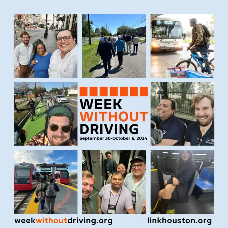 Week Without Driving 2024 with 8 images of LINK Houston staff being multimodal.