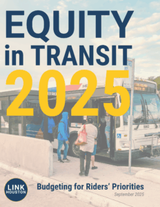 Equity in Transit 2025 cover photo. Shows multiple bus riders boarding a bus. Title is Equity in Transit 2025: Budgeting for Rider's Priorities