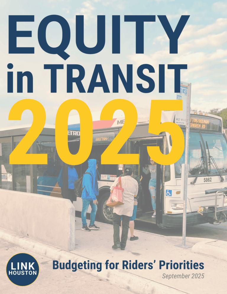 Equity in Transit 2025 cover photo. Shows multiple bus riders boarding a bus. Title is Equity in Transit 2025: Budgeting for Rider's Priorities