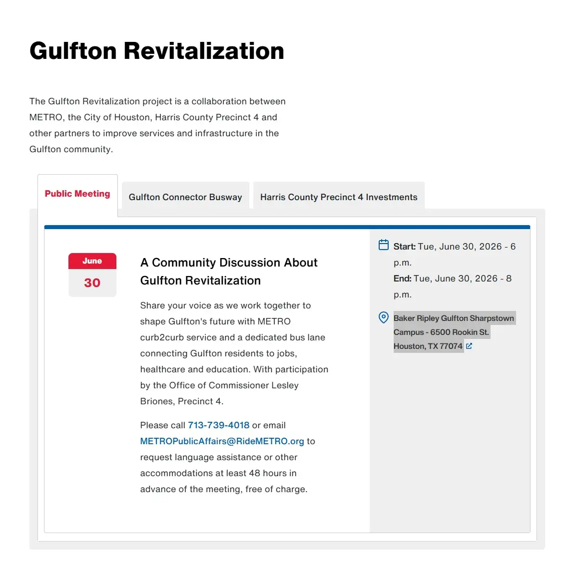 Screenshot of METRO's announcement of the Gulfton public meeting.